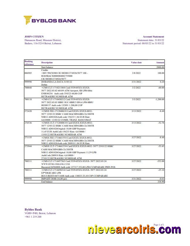 Lebanon Byblos Bank statement